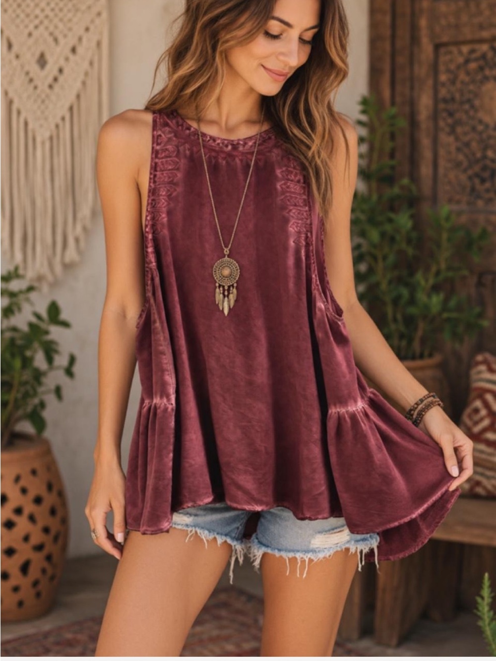 Earthbound Trading Co XL Burgundy Mauve Boho Sleeveless Tunic Top Viscose